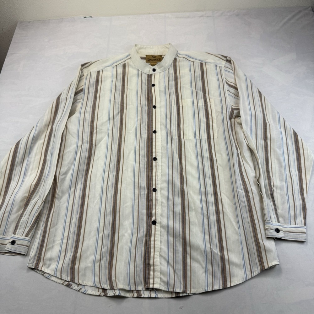 King Ranch Men's XL Striped Western Shirt Band Collar Long Sleeve Cotton Blend